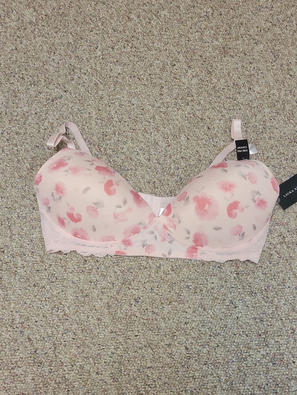 Laura Ashley Floral Light Pink Lace Trim Molded T-Shirt Bra 42D New Wire Free